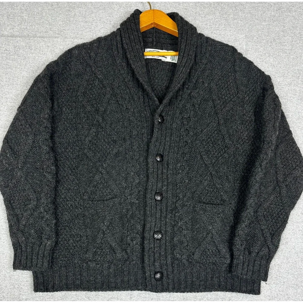 Aran Craft Fisherman Sweater XL Charcoal Merino Wool Cardigan Cable Knit Ireland